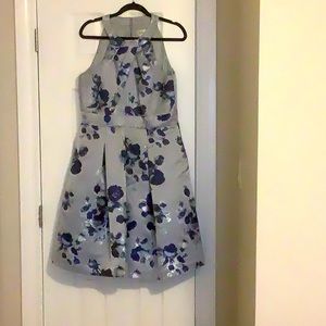 Semi formal, knee length grey and blue halter dress